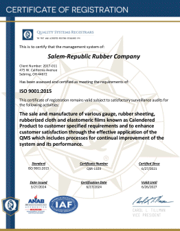 Salem-Republic Rubber Company ISO 9001:2015 Certificate