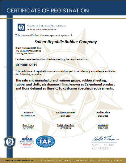 Salem-Republic Rubber Company ISO 9001:2015 Certificate
